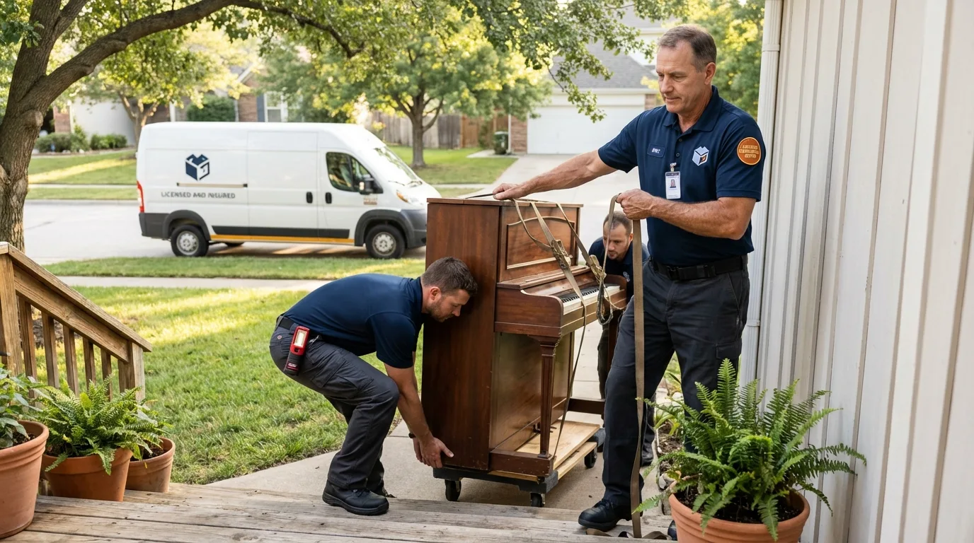 Licensed piano movers securing grand piano in Mayo, SC